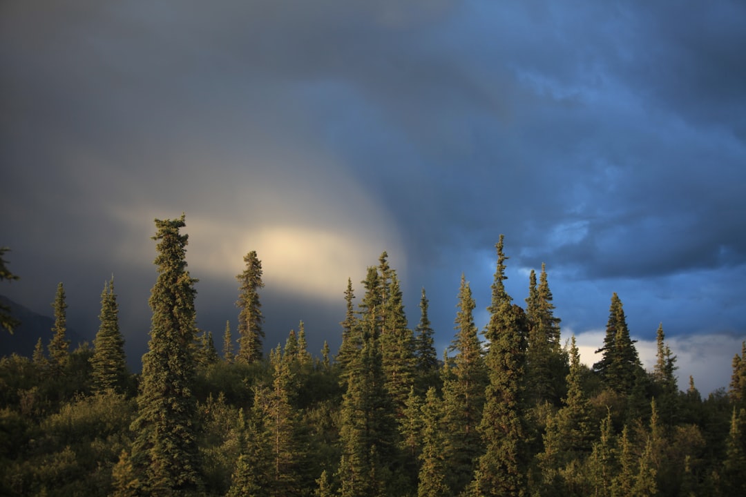 Snow capped mountains in Alaska during a vibrant sunset with orange and blue sky.
